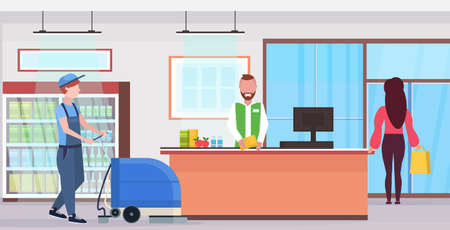 man using professional washing machine cleaner supermarket janitor in uniform cleaning service concept modern store counter desk grocery shop interior flat full length horizontal vector illustrationのイラスト素材