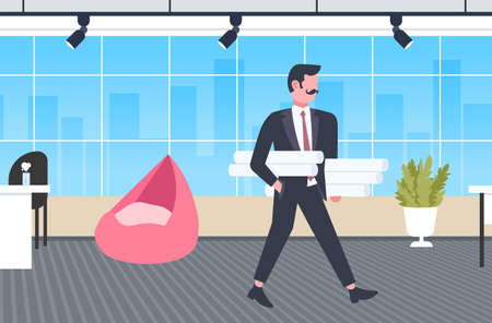 architect holding rolled up blueprints engineer panning new project architecture construction industry concept contractor with architectural projects modern office interior full length horizontal vector illustrationのイラスト素材