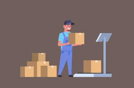 courier man in uniform putting parcel box on scales mail express delivery logistic service concept flat horizontal full length vector illustrationのイラスト素材