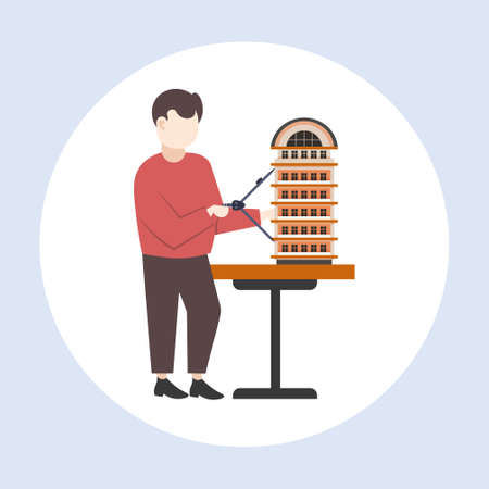 man architect using compass engineer drafting new building city model urban panning project concept housing contractor designing house plan with measuring tools full length vector illustrationのイラスト素材