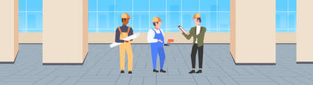 construction workers team discussing new building project during meeting mix race builders in helmet industrial technicians teamwork concept modern office interior full length horizontal banner vector illustrationのイラスト素材