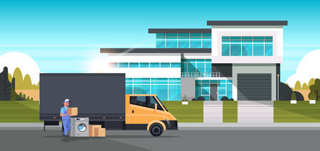 courier man near delivery truck with cardboard boxes washing machine domestic appliances store goods purchase distribution concept cottage house exterior full length horizontal vector illustrationのイラスト素材