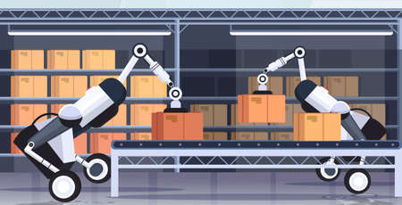 robotic workers loading cardboard boxes hi-tech smart factory robot artificial intelligence logistics automation technology concept modern warehouse interior flat horizontal vector illustrationのイラスト素材