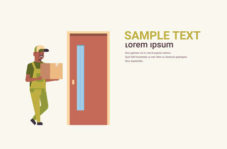 postman in uniform holding cardboard parcel box at door african american courier home express delivery service concept flat full length horizontal copy space vector illustrationのイラスト素材