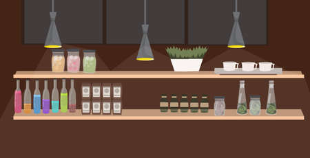 different bottles cups jars various food ingredients drinks and utensils on shelf restaurant pub or cafe decoration flat horizontal vector illustrationのイラスト素材
