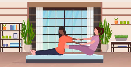 personal trainer doing stretching exercises with african american girl fitness instructor helping woman to stretch muscles workout concept modern yoga studio interior full length horizontal vector illustrationのイラスト素材
