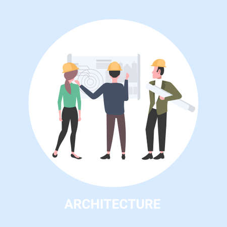 architects working with blueprint engineers team discussing new building project during meeting builders in helmet industrial technicians teamwork concept flat full length vector illustrationのイラスト素材