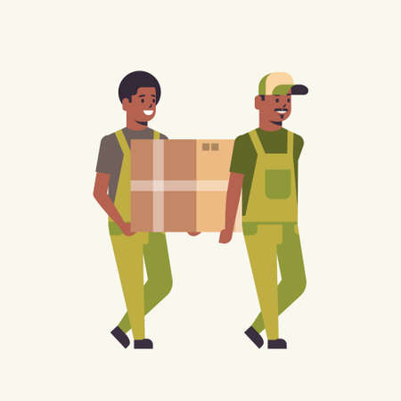 two couriers in uniform carrying cardboard box package mail express delivery service concept african american workers holding parcel flat full length vector illustrationのイラスト素材