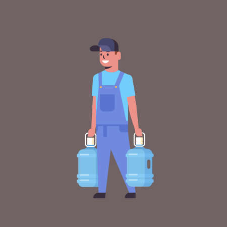 courier man in uniform holding two plastic bottles of fresh water express delivery service concept flat full length vector illustrationのイラスト素材