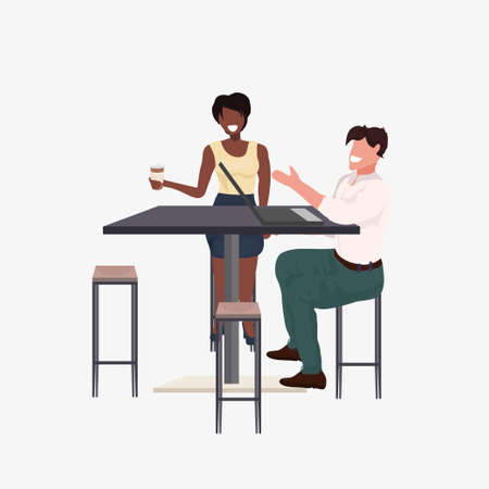 mix race couple sitting at cafe table man woman discussing and drinking coffee during meeting flat full length vector illustrationのイラスト素材