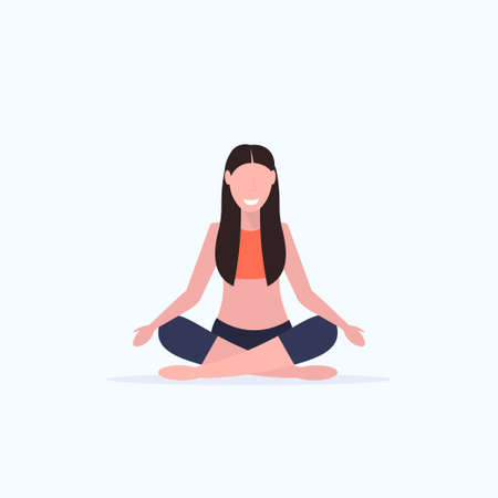 young woman doing yoga exercises smiling sport fitness girl sitting lotus pose meditation relaxation concept full length white background vector illustrationのイラスト素材