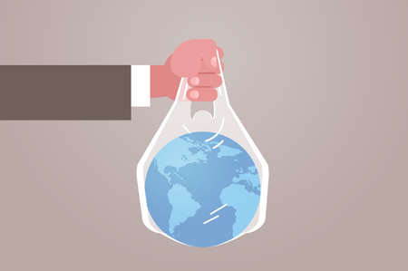 human hand holding planet in bag say no plastic pollution recycling ecology problem save the earth concept flat horizontal vector illustrationのイラスト素材