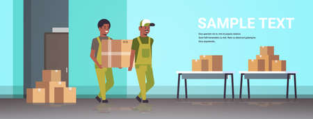 two couriers in uniform carrying cardboard box package mail express delivery service concept african american industrial factory workers working in stockroom of storehouse flat full length horizontal vector illustrationのイラスト素材