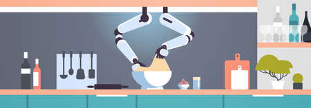 smart handy chef robot making dough in bowl robotic assistant innovation technology artificial intelligence concept modern kitchen interior flat horizontal banner vector illustrationのイラスト素材
