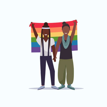 women couple holding rainbow flag love parade lgbt pride festival concept two african american lesbians female cartoon characters standing together full length flat vector illustrationのイラスト素材