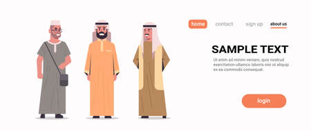 arabic men discussing standing together arab man wearing traditional clothes arabian male cartoon characters collection full length flat white background copy space horizontal vector illustrationのイラスト素材