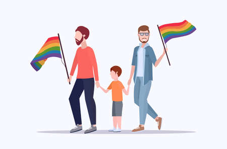 two young fathers gays with son holding rainbow flags gay same sex couple with boy love parade lgbt pride festival concept flat full length horizontal vector illustrationのイラスト素材