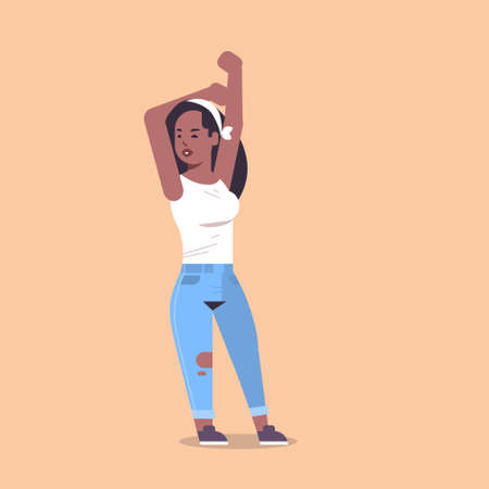 young woman in casual clothes standing pose smiling african american female cartoon character attractive girl raising hands posing flat full length vector illustrationのイラスト素材