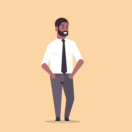 businessman in formal wear standing pose smiling male cartoon character african american business man office worker posing flat full length vector illustrationのイラスト素材