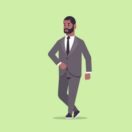 businessman in formal wear standing pose smiling male cartoon character african american business man office worker posing flat full length vector illustrationのイラスト素材