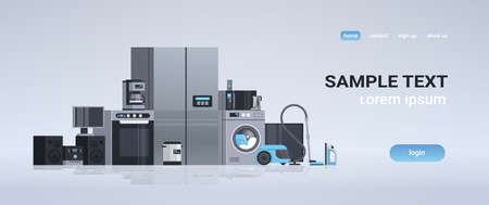 set different home appliances kit electric house equipment collection flat horizontal copy space vector illustrationのイラスト素材