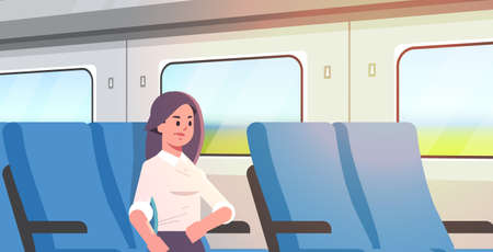 businesswoman traveling by train passenger woman sitting on comfortable chair during business trip travel long short distance public transport concept flat portrait horizontal vector illustrationのイラスト素材