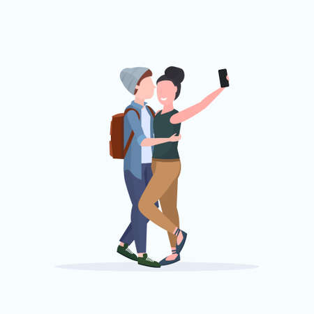 man woman couple taking selfie photo on smartphone camera male female cartoon characters embracing posing on white background flat full length vector illustrationのイラスト素材