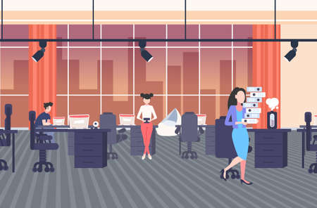 businesswomen at workplace in creative co-working open space center working process concept modern workspace office interior flat horizontal full length vector illustrationのイラスト素材