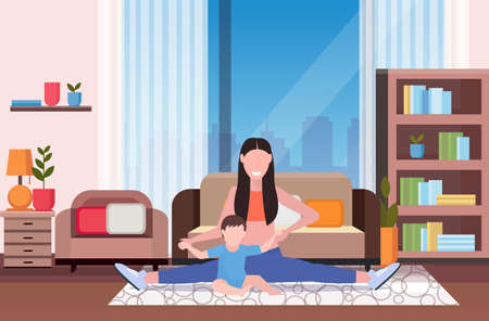 mother with kid doing physical exercise at home sportswoman engaged in fitness or yoga with baby son healthy lifestyle concept modern living room interior flat full length horizontal vector illustrationのイラスト素材