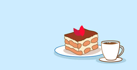 cake piece sweet bakery chocolate dessert with coffee cup food concept sketch doodle horizontal...