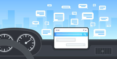 vehicle cockpit with smart driving assistance social network communication chatting messaging concept chat app on automobile computer board screen modern car interior flat horizontal vector illustrationのイラスト素材