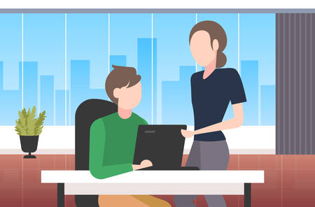 couple businesspeople using laptop at workplace desk businessman with female assistant brainstorming working together teamwork concept modern office interior flat horizontal portrait vector illustrationのイラスト素材