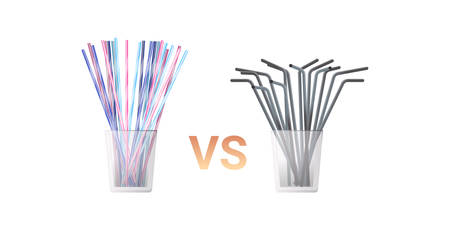 colorful drinking plastic disposable vs metal straws in glass zero waste concept flat white background horizontal vector illustrationのイラスト素材