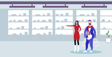 couple man woman with paper bags shopping concept modern supermarket fashion mall interior sketch doodle horizontal full length vector illustrationのイラスト素材