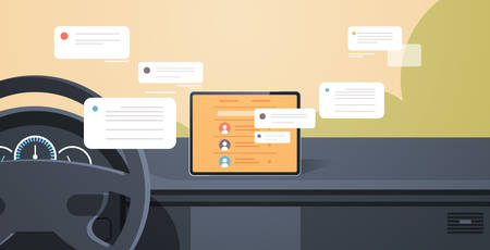 vehicle cockpit with smart driving assistance social network communication chatting messaging concept chat app on automobile computer board screen modern car interior flat horizontal vector illustrationのイラスト素材