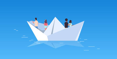 people group floating on paper boat rear view men women team traveling on sheep discovery concept mix race male female cartoon characters flat horizontal vector illustrationのイラスト素材