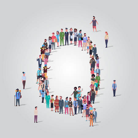big people crowd gathering in shape letter Q different occupation employees group standing together English alphabet concept full length vector illustrationのイラスト素材
