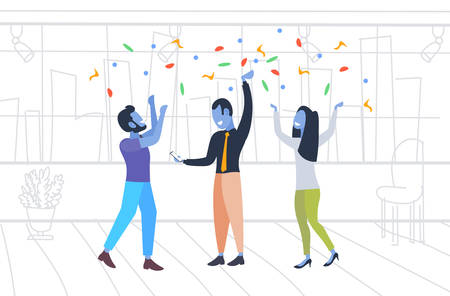 businesspeople celebrating event colleagues raising arms party confetti business people having fun men women with joyful emotions office interior sketch doodle horizontal full length vector illustrationのイラスト素材