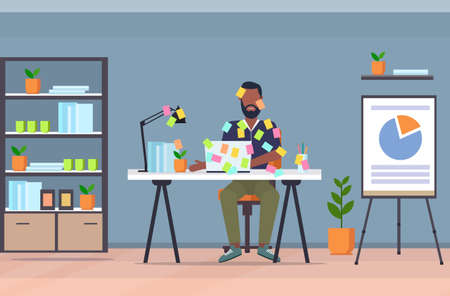 businessman covered with stick notes business planning deadline concept african american office worker using laptop sitting at workplace modern conference room interior flat full length horizontal vector illustrationのイラスト素材