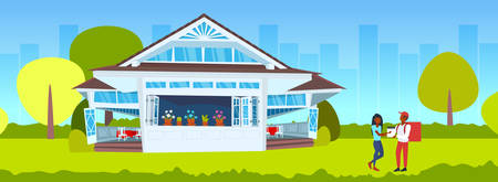 woman receiving order from man courier with backpack and paper package express food delivery concept modern house building exterior flat horizontal full length vector illustrationのイラスト素材
