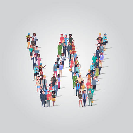big people crowd gathering in shape letter W different occupation employees group standing together English alphabet concept full length vector illustrationのイラスト素材
