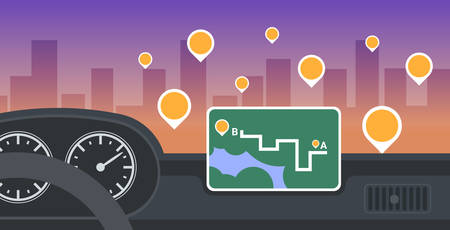 vehicle cockpit with smart driving assistance automobile computer gps navigation system on dashboard screen multimedia concept modern car interior flat horizontal vector illustrationのイラスト素材