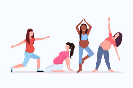 set pregnant woman doing stretching physical exercises mix race girls working out collection fitness pregnancy healthy lifestyle concept full length horizontal flat vector illustrationのイラスト素材