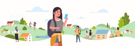 young girl using smartphone social network communication concept mix race people chatting online...