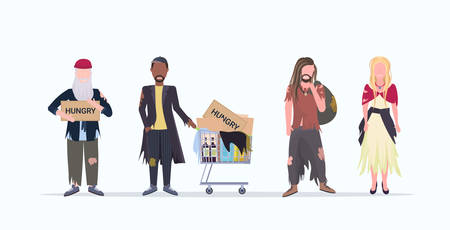 mix race beggars standing together male female tramps begging for help homeless concept flat full length white background horizontal vector illustrationのイラスト素材