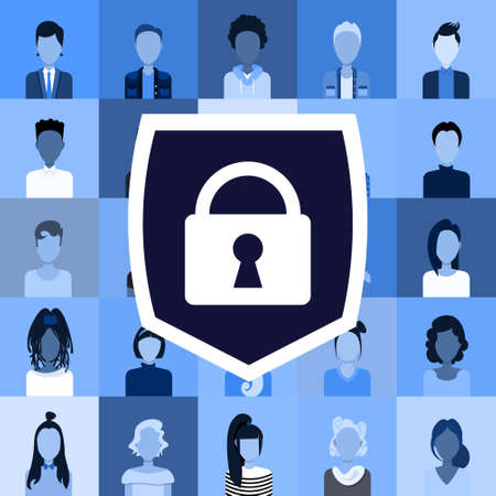 set different men women users avatars and profiles privacy data protection access concept stuff employees company clients collection shield with padlock flat vector illustrationのイラスト素材