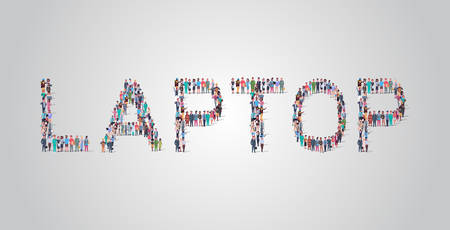 people crowd gathering in shape of laptop word different occupation employees mix race workers group standing together social media community concept flat horizontal vector illustrationのイラスト素材