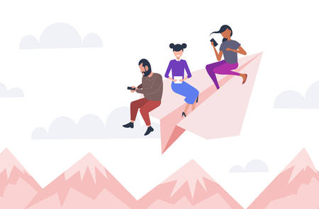 people flying on paper airplane mix race colleagues team using gadgets traveling together digital addiction concept mountains landscape background horizontal flat vector illustrationのイラスト素材