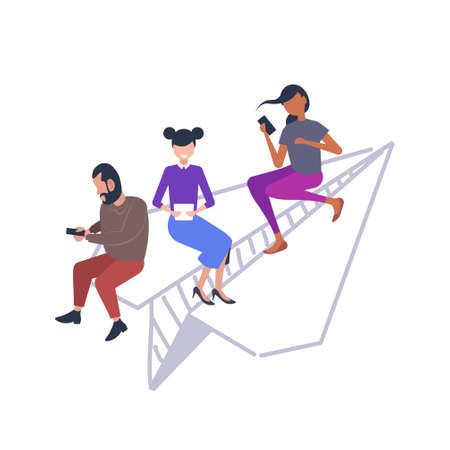 people flying on paper airplane mix race colleagues team using gadgets traveling together digital addiction concept sketch doodle vector illustrationのイラスト素材