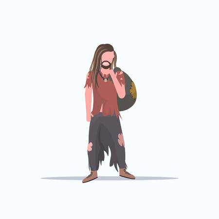 man beggar with bag walking street tramp begging for help homeless concept flat full length white background vector illustrationのイラスト素材